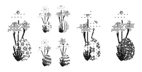 Pixel art Easter eggs with flower dithered patterns. This monochrome collec.. Illustrazione stock