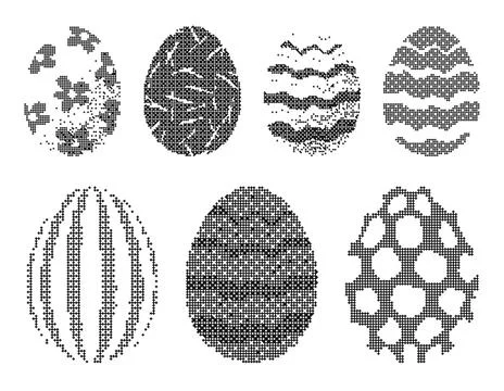 Pixel art Easter eggs with various dithered patterns. This monochrome set f.. Illustrazione stock