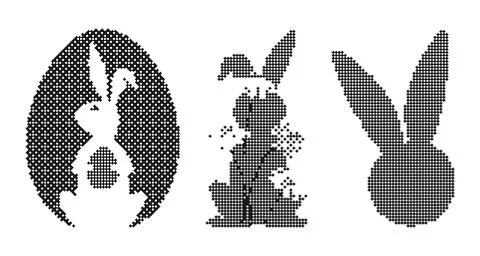 Pixel art Easter elements collection with dithered bunny and egg shapes. Th.. Illustrazione stock