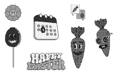 Pixel art Easter illustration set. This groovy bitmap collection features c.. Illustrazione stock