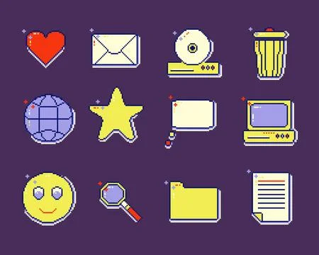Pixel art eight bit operating system and shapes icon set. 스톡 일러스트