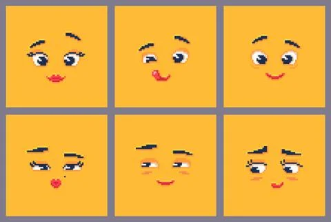 Pixel art emoji faces set. Stock Illustration