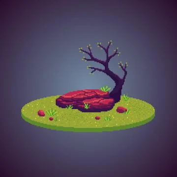Pixel art empty stone and tree on the meadow. Stock Illustration