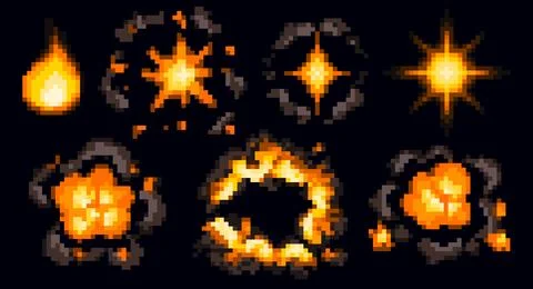Pixel art explosion and fire effects Stock Illustration