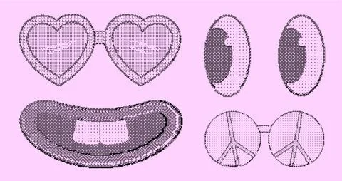 Pixel art facial elements bundle on pink background with retro groovy styli.. イラスト素材