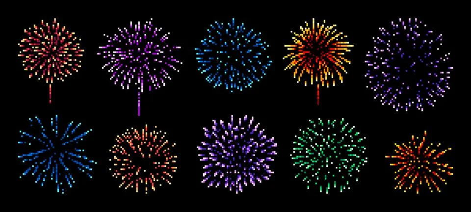 Pixel art firework explosion. 8bit game asset Illustrazione stock