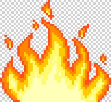 Pixel art flame icon is flickering with yellow core, red orange tongues, Ilustración de archivo