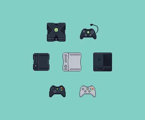 Pixel art flat icons set. Retro technology, computer, joystick, gamepad. Design Stock Illustration