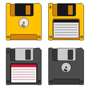 Pixel art floppy disk collection. Black and yellow diskettes front and back Illustrazione stock
