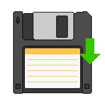 Pixel art floppy disk with a green arrow moving down, symbolizing data saving. Stock Illustration