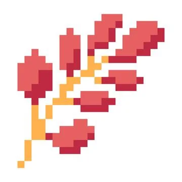 Pixel art flowering branch with multiple pink and red blossoms on slender orange Stock Illustration