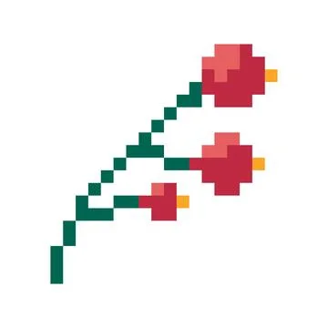 Pixel art flowering branch with small pink and red blossoms on thin green stems Stock Illustration