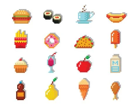 Pixel art food computer design icons vector illustration restaurant pixelated Stock-Illustration