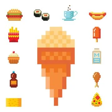 Pixel art food computer design icons illustration restaurant pixelated element Stock Illustration