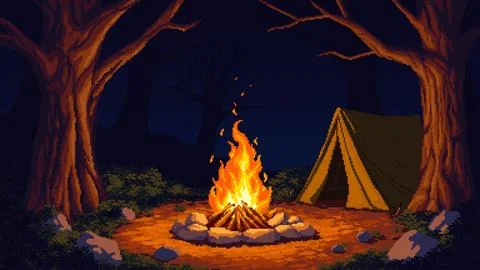 Pixel art forest campfire scene with leafless trees and a glowing flame in the Illustrazione stock