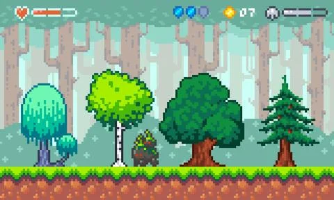 Pixel art forest level for platform game with interface elements Illustrazione stock