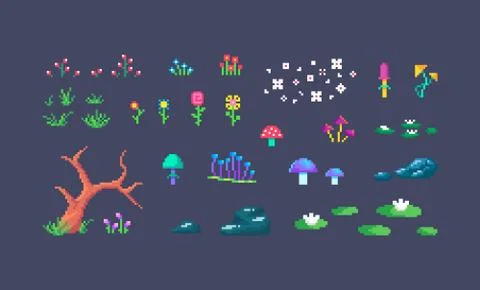 Pixel art forest plants. Environment objects for design. Stock-Illustration