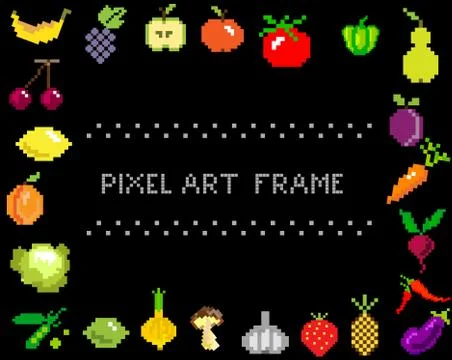 Pixel-art fruit and vegetables on black frame Stock Illustration