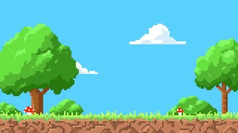 Pixel art game background with ground, grass, trees, fly agaric, blue sky and Stock Illustration
