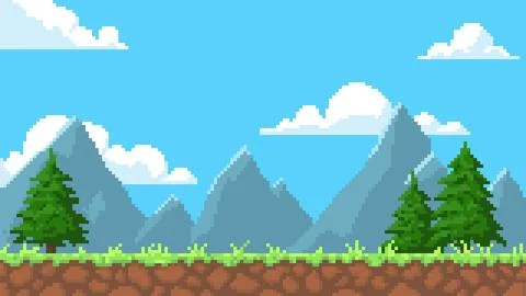 Pixel art game background with ground, mountains, fir trees, clouds on blue sky Stock Illustration