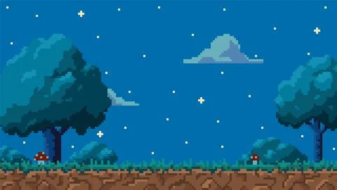 Pixel art game background with ground, grass, trees, fly agaric and starry sky Illustrazione stock