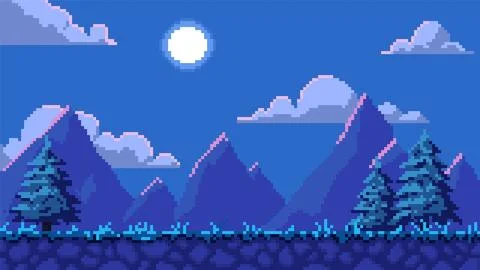 Pixel art game background with ground, mountains, fir trees, full moon light on 库存插图