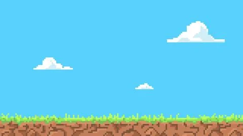 Pixel art game background with ground, grass, blue sky and clouds, vector 库存插图