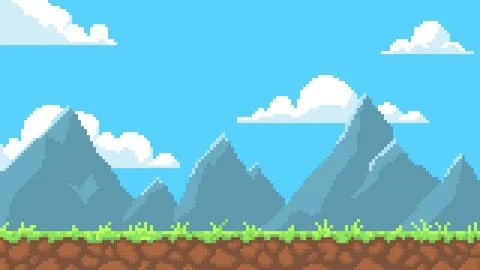 Pixel art game background with ground, mountains, grass, clouds on the blue sky Illustrazione stock