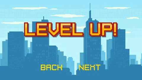 Pixel art game background with Level Up text and city background. Game pixe.. Stock Illustration