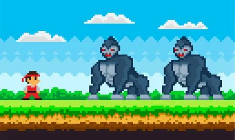 Pixel art game background with ninja warrior fighting with pixelated gorillas Ilustración de archivo