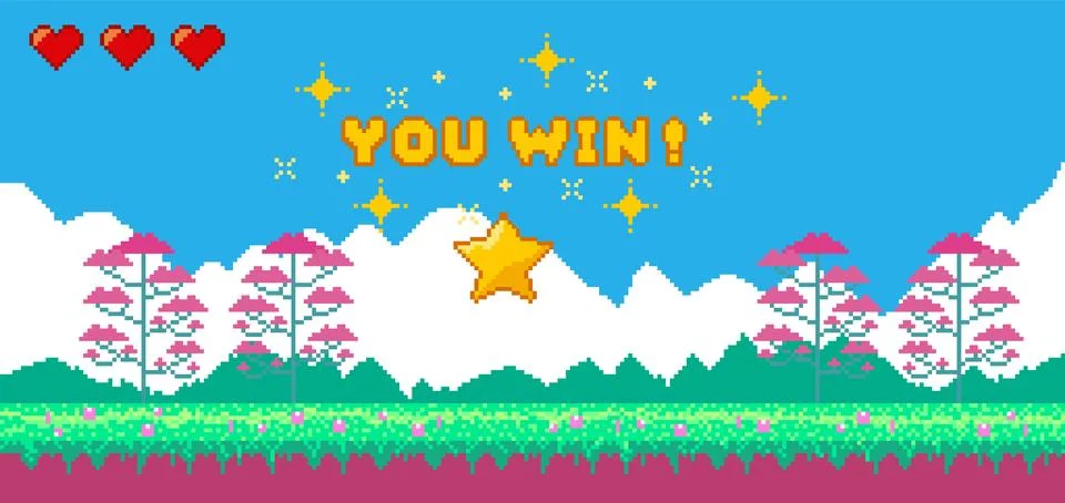 Pixel art game background. Retro 8 bit video game interface with You Win text Illustrazione stock
