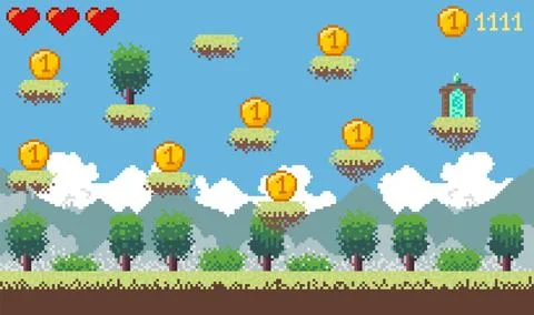 Pixel art game background. Retro 8 bit video game interface. Old compute pixel Stock Illustration