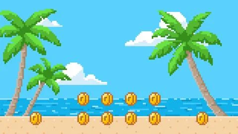 Pixel art game background with sea beach, palm trees, vector ocean horizon 库存插图
