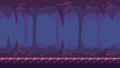 Pixel art game background, underground cave with stalactites and stalagmites. Stock Illustration