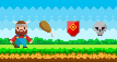 Pixel art game background with viking warrior and pixelated magic objects in Stock Illustration