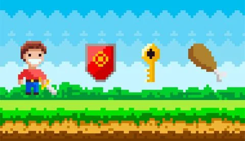 Pixel art game background with young man with sword and pixelated magic objects Stock Illustration