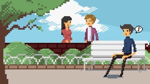 Pixel art game characters animation various people walking dating in park 4k Stock Footage 93573075