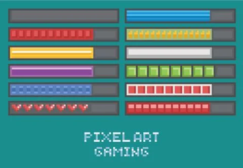 Pixel art game development set - progress bar, loading, health points, mana Stock Illustration