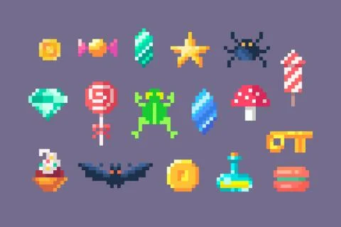 Pixel art game elements. GUI icons for game design. Stock Illustration