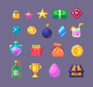 Pixel art game interface bonus elements. Stock Illustration