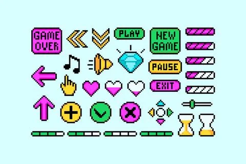 Pixel art game interface buttons, icons, controls, and status elements Stock Illustration