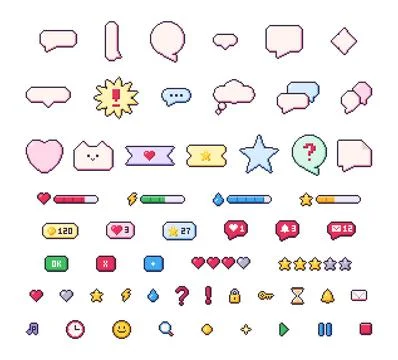 Pixel art game interface elements and speech bubbles collection 库存插图