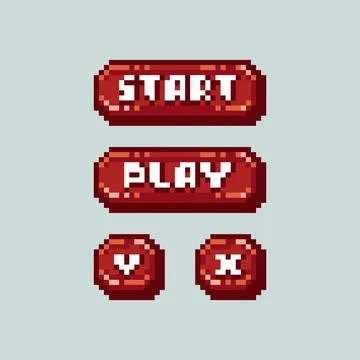 Pixel art game interface red UI buttons and symbols vector set, start, play, yes Stock Illustration