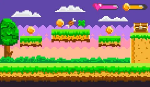 Pixel Art Game Level with Floating Platforms, Coins, and Health Bar Display 스톡 일러스트