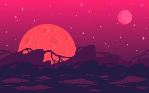 Pixel art game location. Alien red planet with strange plants. 스톡 일러스트