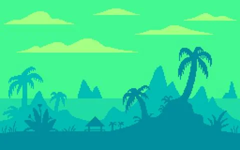 Pixel art game location. Palm trees on a tropical island. Stock Illustration