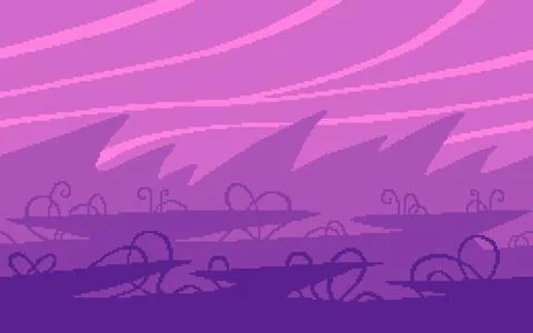 Pixel art game location. Sharp mountains and strange plants on an alien plane Stock Illustration