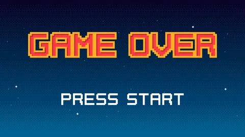 Pixel art Game Over screen with starry sky on background. 8-bit retro video Stock Illustration