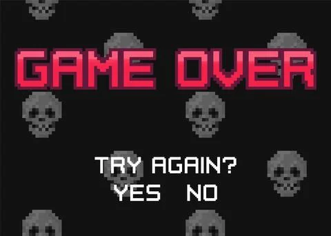 Pixel art Game Over screen with human skulls on background. 8-bit retro video Stock Illustration