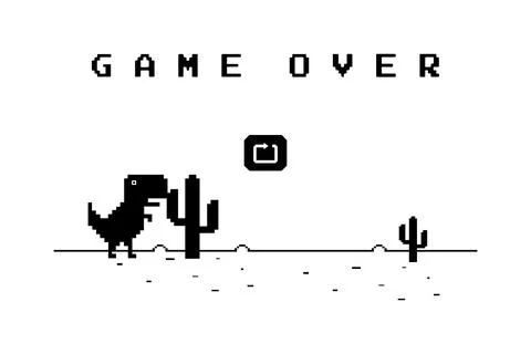 Pixel Art Game Over Screen with Dinosaur and Cactus on White Background 스톡 일러스트